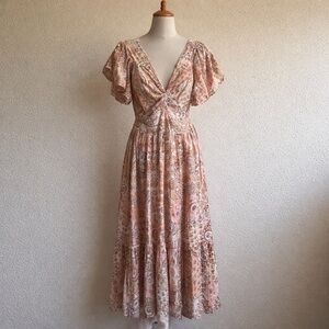Women’s Angie Paisley Stepping Out Boho V Neck Maxi Dress High Low Ruffles Sz L